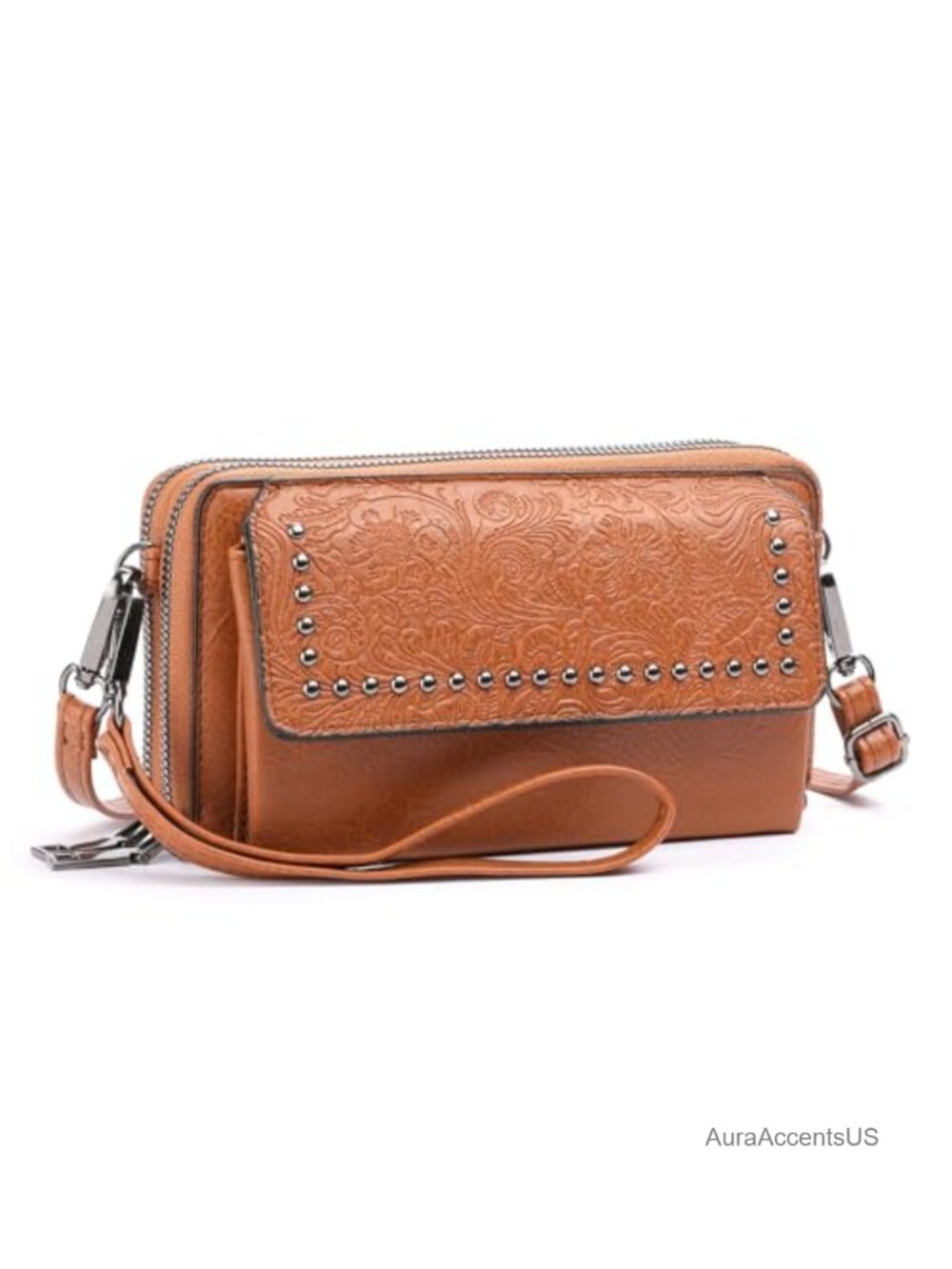 PU Leather Crossbody Bag Wristlet Women Zip Around 2 Strap Phone Purse